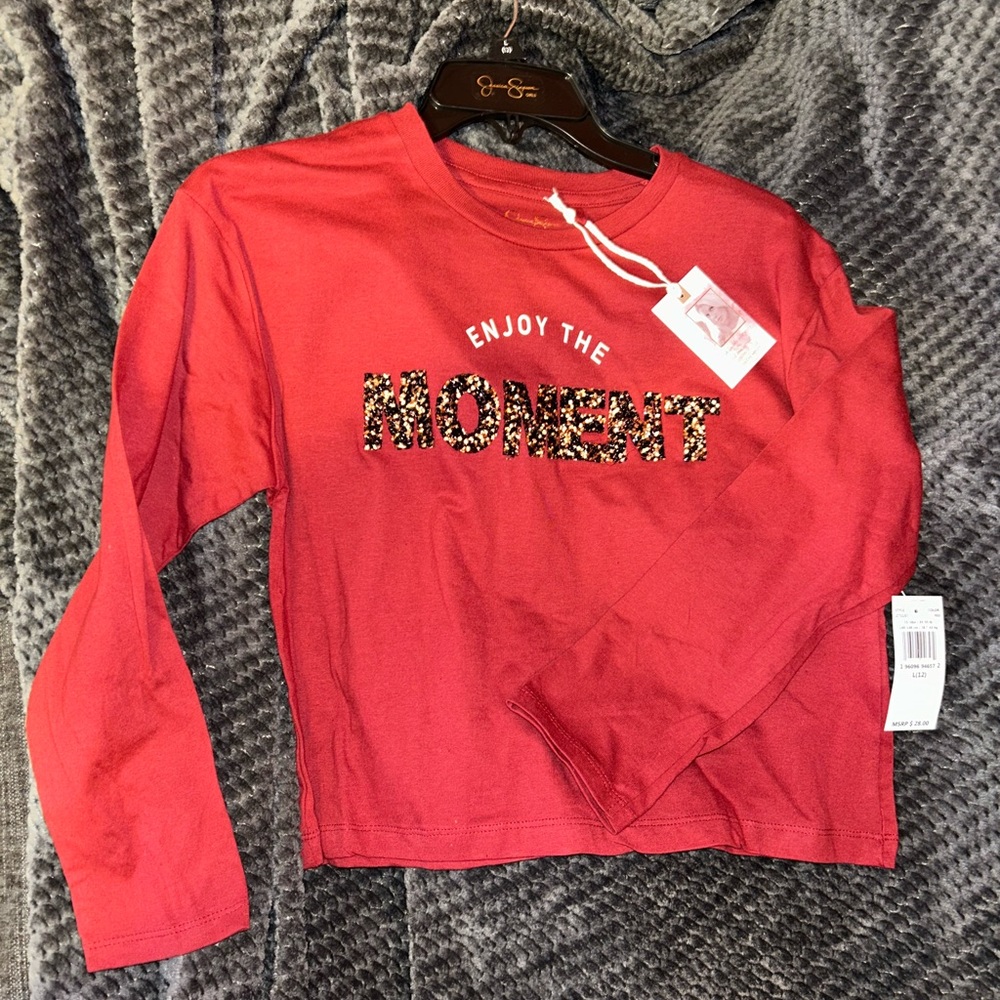 Festive Red Long Sleeve Tee with Beaded Graphic